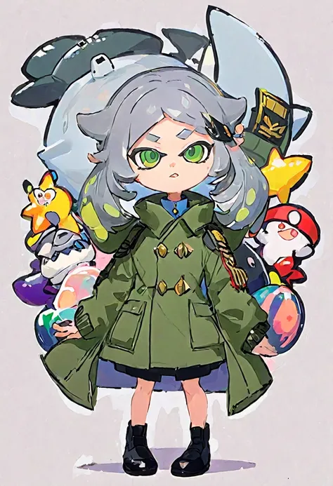 splatoon shark idol with grey hair and green military coat