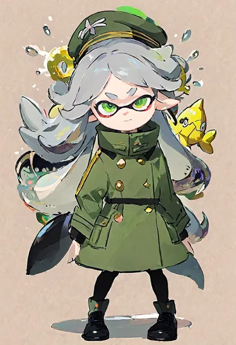 splatoon shark idol with grey hair and green military coat