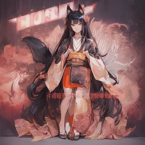 (Fox Girl, Fox Ears, Black colored hair, Fox Makeup, One Girl, Long Hair:1.6), (kimono, Kimono with open chest, A beautiful kimono with red and black patterns, I can see her cleavage, Open chest, Exposed skin:1.8), (Body measurements are 75-60-75!, Young g...