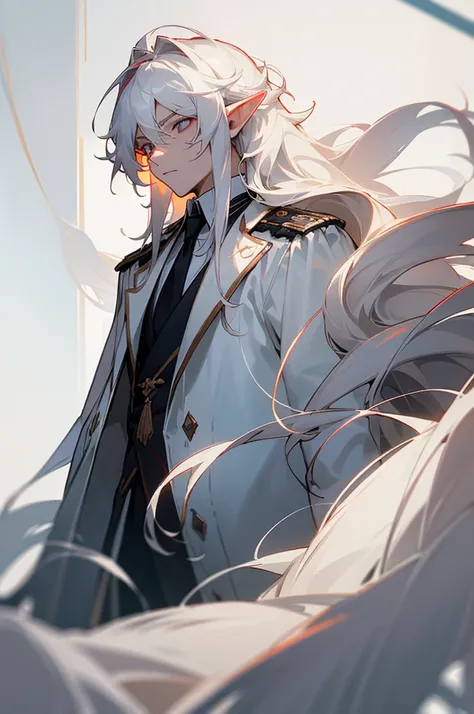 Masterpiece, best quality, high quality), 1 man, ((unmoved)), white hair, (long hair, messy hair), red eyes, :(, flowing hair, white hair male character, white long hair, half-body, high precision, fine, male character, HD face, fine eyes, military uniform...