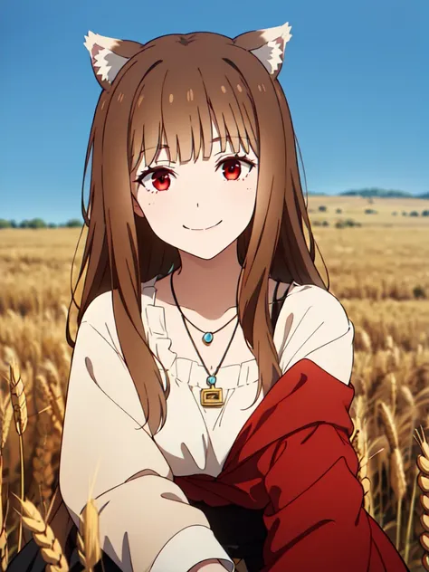 1girl, solo, masterpiece, best quality, illustration, absurdres, cute, film_grain, extremely detailed face, perfect lighting, smile, full_body, long hair, brown hair, animal ears, red eyes, wolf tail, necklace, outdoors, plains, wheat,