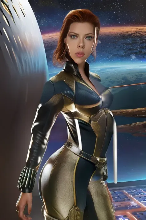 ((best quality)), ((masterpiece)), ((Scarlett Johansson)) (detailed), perfect face, playful 30 year old woman, muscular and athletic body.  Sensual pose. In outer space, wearing highly detailed futuristic skimpy space suit, semi nude .