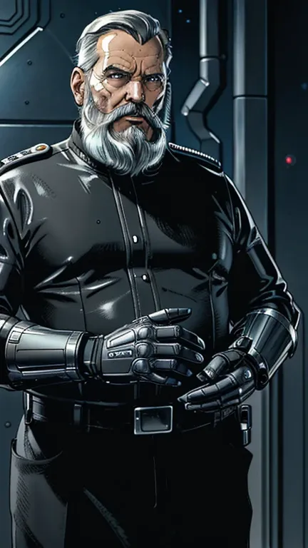 he observes his own bionic hand, the space general aged 65 has long gray beard and long beard, wears a futuristic uniform, he is...