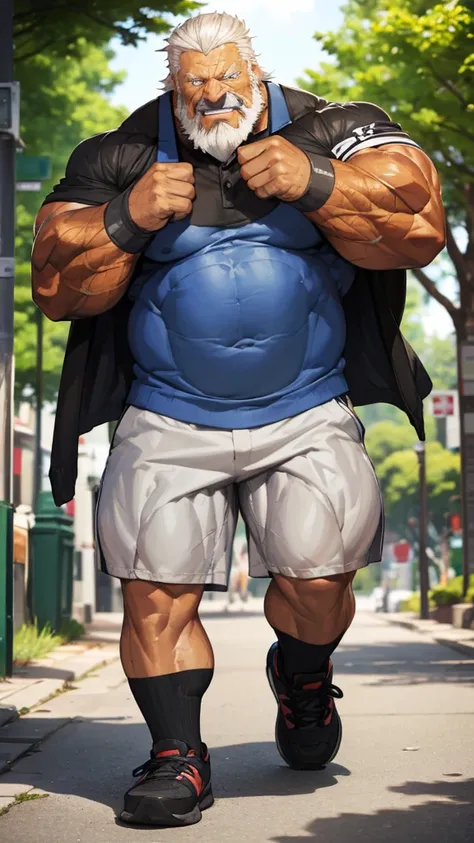 (best quality,4k,8k,highres,masterpiece:1.2),ultra-detailed,(realistic,photorealistic,photo-realistic:1.37),((massive muscular)) ((huge Muscular)) giant muscular old man standing in park, shorts and shoes, white floofy hair, super thick arms, super big pec...