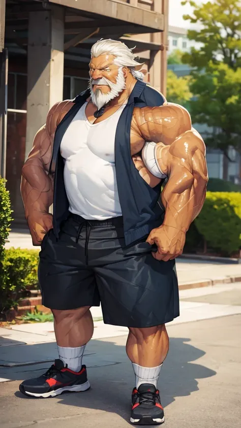 (best quality,4k,8k,highres,masterpiece:1.2),ultra-detailed,(realistic,photorealistic,photo-realistic:1.37),((massive muscular)) ((huge Muscular)) giant muscular old man standing in park, shorts and shoes, white floofy hair, super thick arms, super big pec...