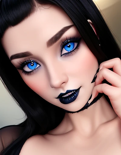 Masterpiece, Best Quality, girl , bite,  impresionantes teeth fangs,  perfect detailed 12k, perfect asymmetrical and detailed face, blue eyes white skin ,gothic makeup, long black hair with bangs, full HD imagen 1.2 portrait body nswf pussy creampie 