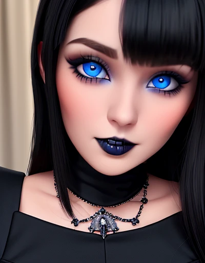 Masterpiece, Best Quality, girl , bite,  impresionantes teeth fangs,  perfect detailed 12k, perfect asymmetrical and detailed face, blue eyes white skin ,gothic makeup, long black hair with bangs, full HD imagen 1.2 portrait body nswf pussy creampie 