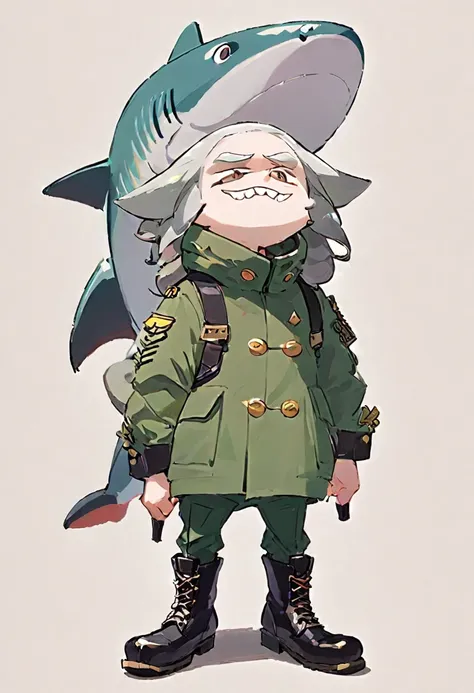 splatoon, tall male shark idol with pointy grey hair, wearing a green military coat and brown pants with black boots