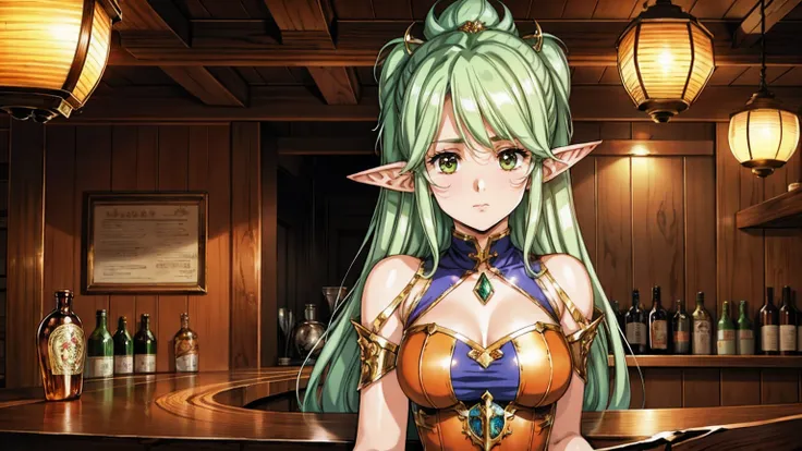 A highly detailed and realistic anime-style illustration featuring an elf sitting at a bar counter, drinking. The character has long, flowing hair and pointed ears, wearing a stylish, fantasy-inspired outfit with intricate designs. She sits at a wooden bar...