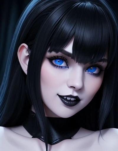 Masterpiece, Best Quality, girl , bite,  impresionantes teeth fangs,  perfect detailed 12k, perfect asymmetrical and detailed face, blue eyes white skin ,gothic makeup, long black hair with bangs, full HD imagen 1.2 portrait body nswf pussy creampie 