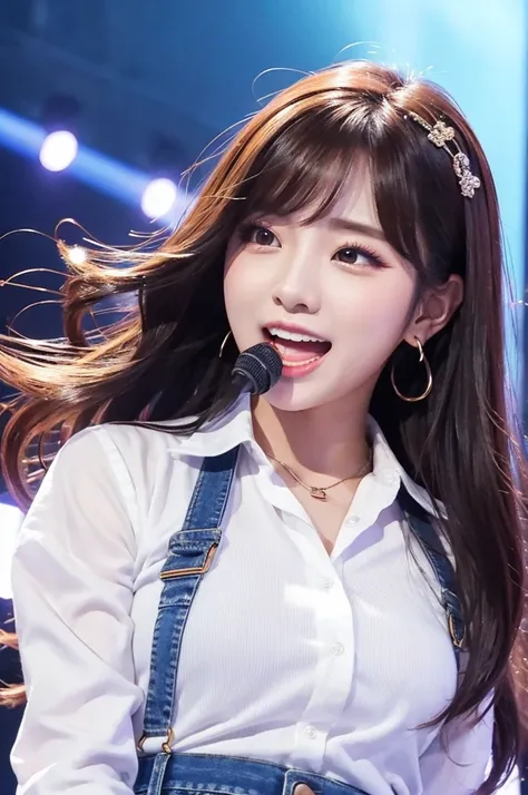 Very cute and beautiful K-POP female singers, Singing on the Gondola Live Stage, break, Face close-up, Singing scene, jeans white shirt, Looking at the audience, break, Expressing the singer with bright colors。All the backing bands, Expressing the singer&#...