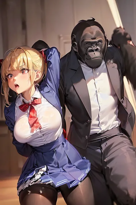 masterpiece, best quality,anime style, 1 girl,(((slender body))), (((small breast))),(((blue blazer,white shirt,checkered pleated skirt,red ribbon,black pantyhose))),(((((a gorilla man grabbing the girl))))), ((((restrained, arms behind back)))),((((cum)))...