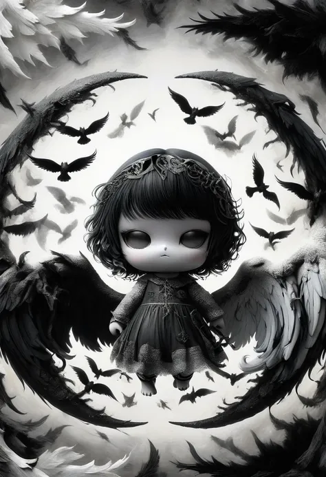 a painting of dark fallen angel lucifer surrounded by dark wings, black and white möbius strip, spinning and tumbling white wing...