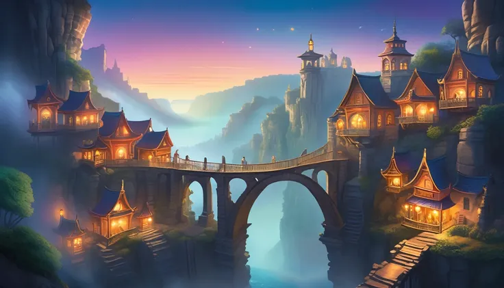 Whimsical illustration of a storybook town built precariously on towering cliffs above a misty chasm, connected by an ancient bridge, glowing lanterns illuminate the twilight sky.