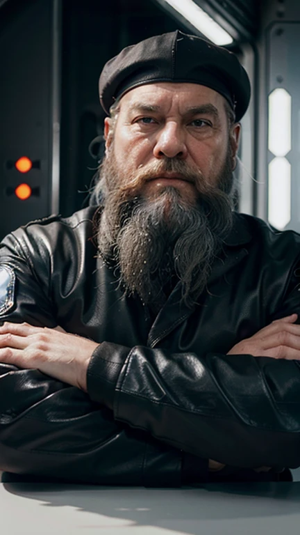 He observes his own bionic hand, The space general aged 65 has long gray beard and long beard, wears a futuristic uniform, he is fat bearded, long sleeve uniform , wearing leather gloves on your hands, he has his arms crossed seriously, speaking to the vie...