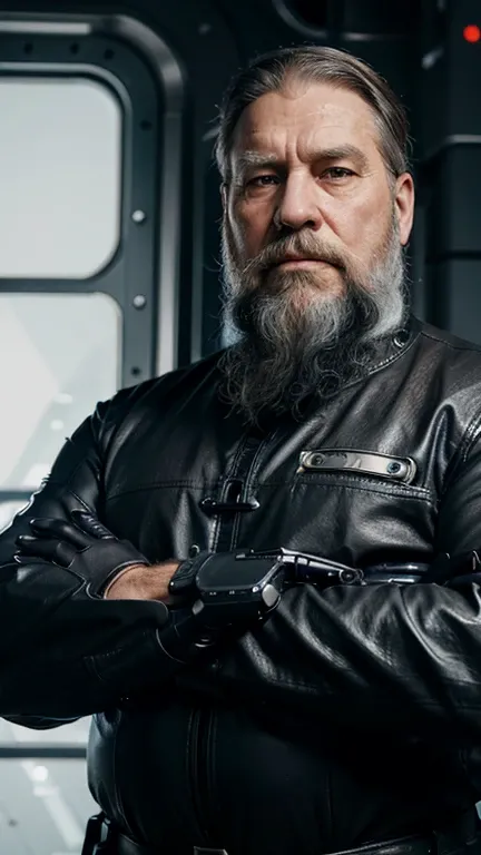 He observes his own bionic hand, The space general aged 65 has long gray beard and long beard, wears a futuristic uniform, he is fat bearded, long sleeve uniform , wearing leather gloves on your hands, he has his arms crossed seriously, speaking to the vie...