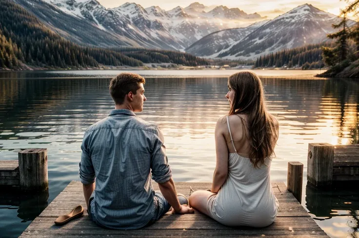 a young white couple, sitting on a wooden dock, view from behind, one persons arm around the other, sunset over a calm pacific northwestern lake, golden hour lighting, romantic atmosphere, photorealistic, 8k, highly detailed, masterpiece, detailed face, no...