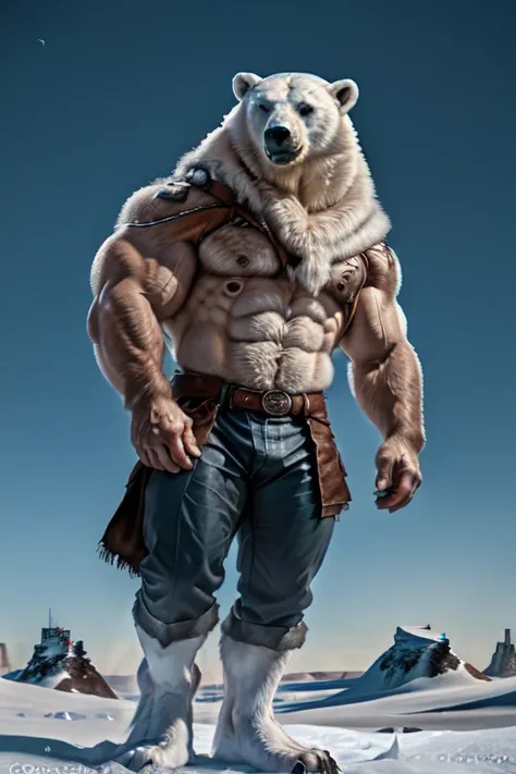 Polar bear stands looking at the sky Medium muscular, frozen planet setting, snowstorm , zoomed in on crotch, , chunie, darkgem, He uses an old, torn blanket made of animal hide as a garment for his body. 