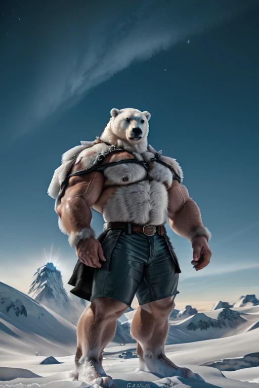 Polar bear stands looking at the sky Medium muscular, frozen planet setting, snowstorm , zoomed in on crotch, , chunie, darkgem, He uses an old, torn blanket made of animal hide as a garment for his body. 