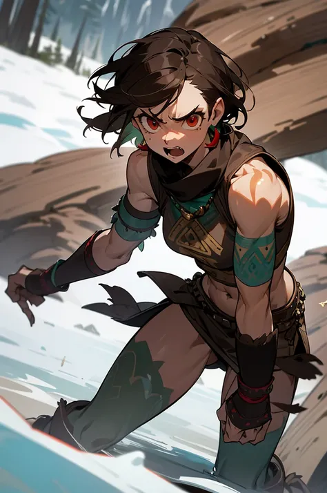 Close up, fantasy world, rocky mountains, ice, adult woman, dirty, angry expression, tough look, short brown hair, red eyes, muscular, brown tribal clothes, animal pelts, bones, revealing outfit, green tattoos
