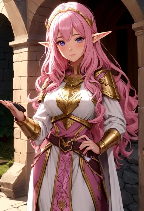 paladin half elf with pink long curly hair