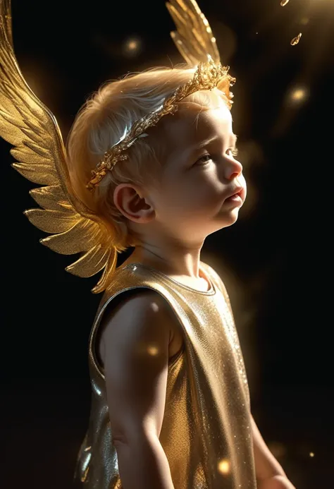 with dark background, a beam of light came down from the air, dynamic magic luminous gold water flowing in the air, deep withe and light gold tone, A 3 year old boy with angel wings and Halo, wearing jewelry, black background, illustration, pastel colors, ...