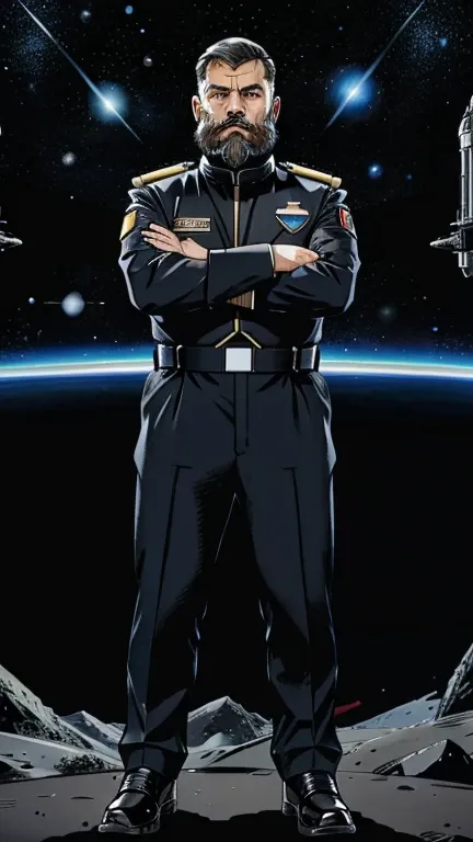 the space general wears a futuristic uniform, he is fat bearded, long sleeve uniform , he has his arms crossed seriously, speaki...