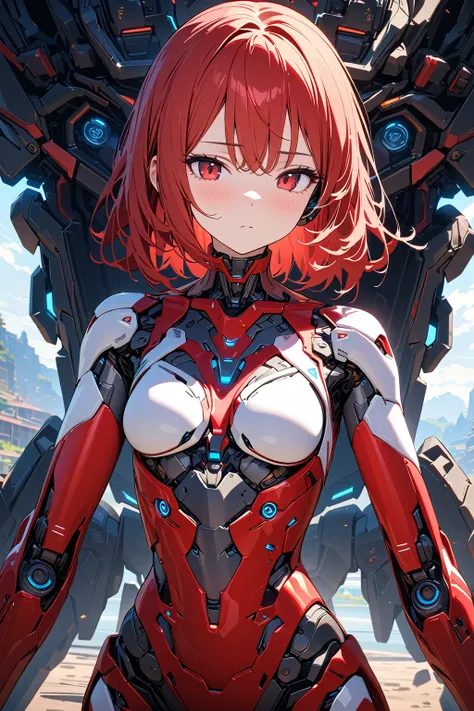 (masterpiece, best quality:1.5), (ultra detailed, high resolution, 8k, beautiful detailed, UHD, best anatomy), red hair, flat breasts, 1 cute Android, machine, cyborg, Like a human being, expressionless, emotionless