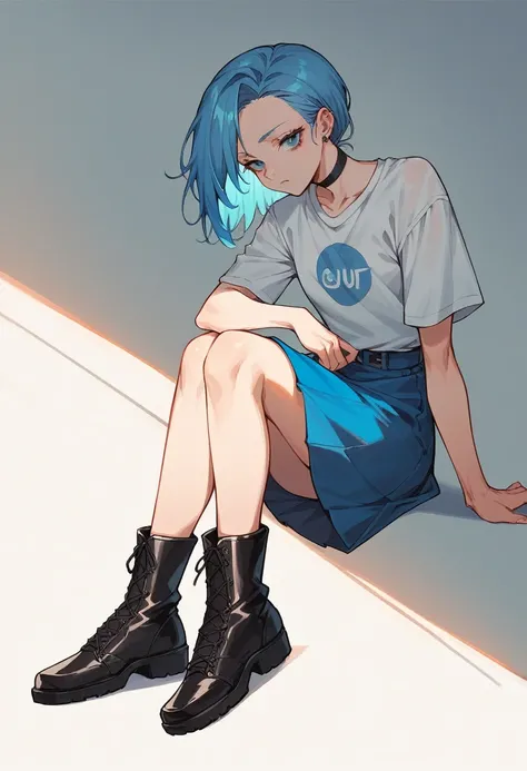 girl with long light blue hair and shaved eyes wearing a white t-shirt with a symbol in the middle of the shirt and liza blue skirt with black boots in a crush pose