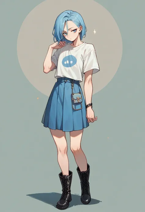 girl with long light blue hair and shaved eyes wearing a white t-shirt with a symbol in the middle of the shirt and liza blue skirt with black boots in a crush pose