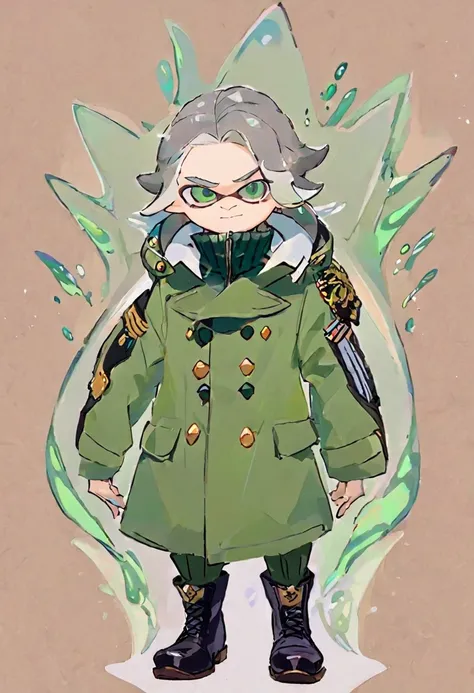 splatoon, tall male shark idol with pointy grey hair and green eyes, wearing a green military coat, brown pants, and black boots