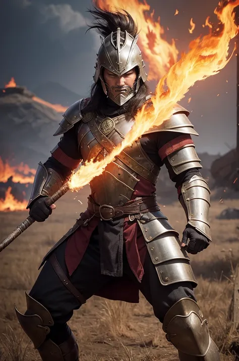 1 Warrior, background field, naughty man, fire powers, armour, big enough