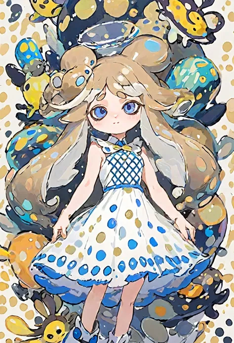 splatoon idol, sea slug bunny girl with white and brown hair and blue eyes, wearing a white dress with brown polka dots