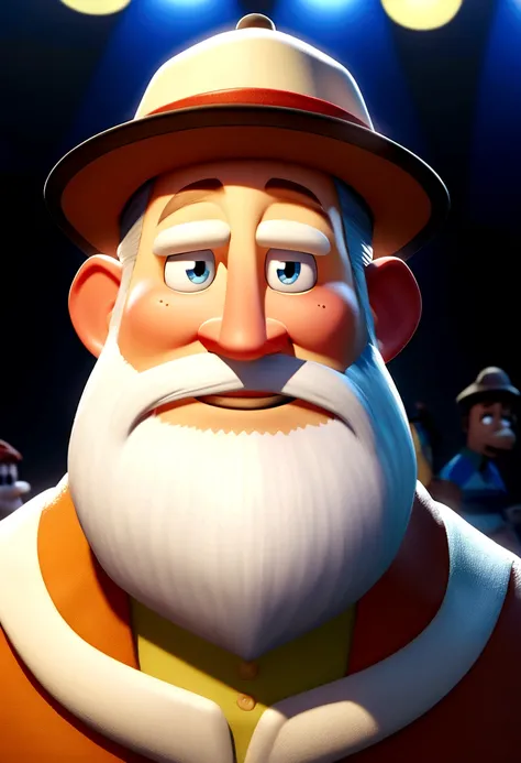 Imagem estilo pixar com personagen 3d Disney,with a tall man with a beard and a cap ,grimy, cute, smiling ,close up, pixar, Disney, cinema lighting,