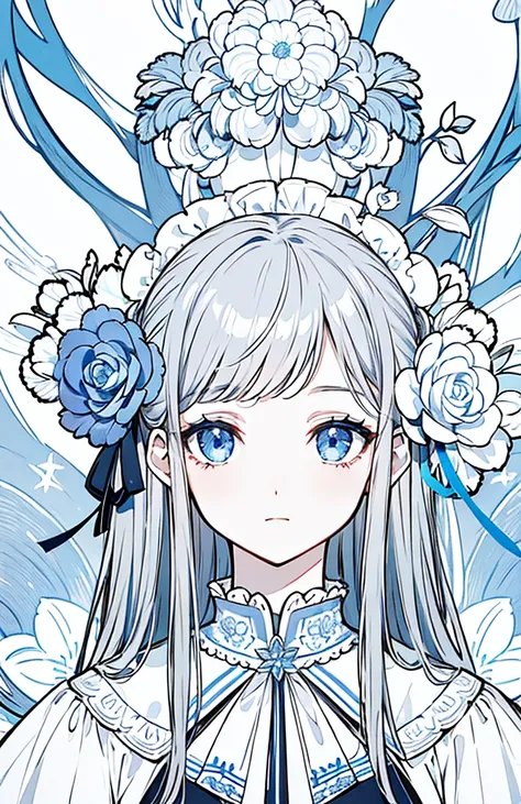 ((Highest quality)), ((masterpiece)), (Get used to it), Perfect Face , beautiful girl ,Gray Hair、White light blue eyes、White and light blue flower hair ornament