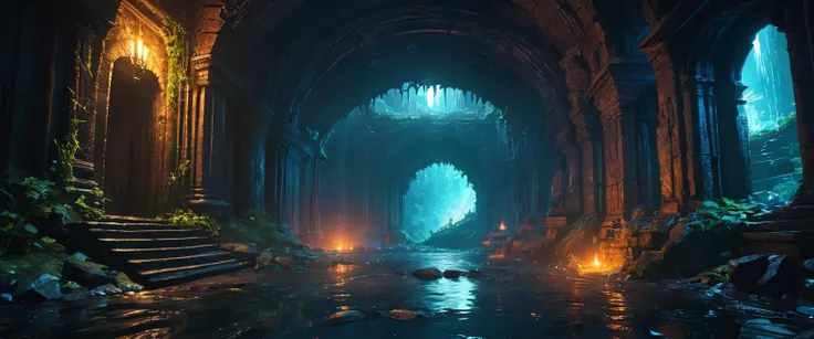 (anime, fantasy, underworld dungeon), (detailed CG unity 8k wallpaper, masterpiece, best quality, ultra-detailed, HDR:1.2), vibrant colors, intricate, high FXAA, The underworld depicted as a dark, treacherous realm with lurking dangers. mysterious atmosphe...