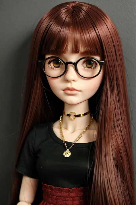 make a blythe doll doll cherry red hair medium length and loose hair without bangs green and brown eyes glasses thin and gold frame black t-shirt , thin silver chain on the neck and straight hair 