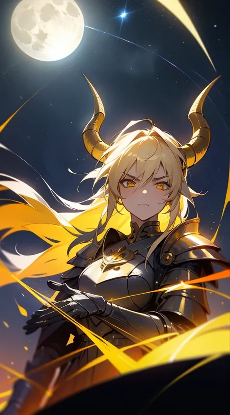 1girl,20s,mature female,,horns,long hair,cathyl hair,light blonde hair,gold armor,flying,holding a golden sword,yellow eyes,serious,Ray Light Glow Lens Flare,((night,night sky,full moon)),portrait