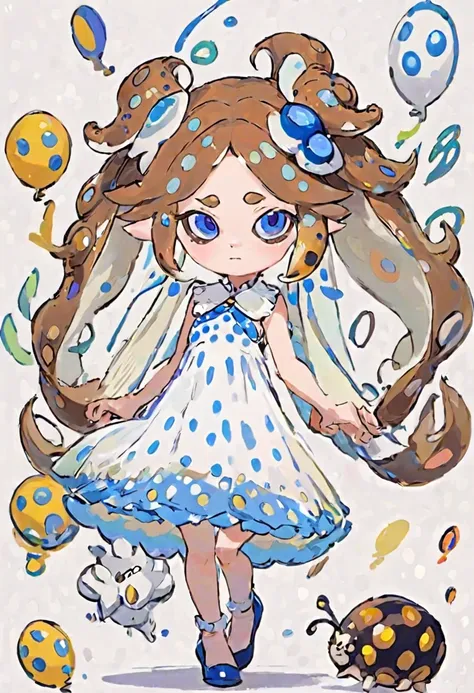 splatoon idol, sea slug bunny girl with brown spotted hair and blue eyes, wearing a white dress with brown polka dots