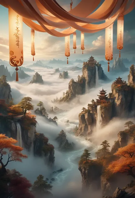 A vast, serene landscape with long, flowing scrolls suspended from the sky, (masterpiece:1.2), (photorealistic:1.37), 8k, hyper detailed, intricate, dramatic lighting, cinematic composition, awe-inspiring, ethereal, mystical, scrolls, hanging scrolls, floa...