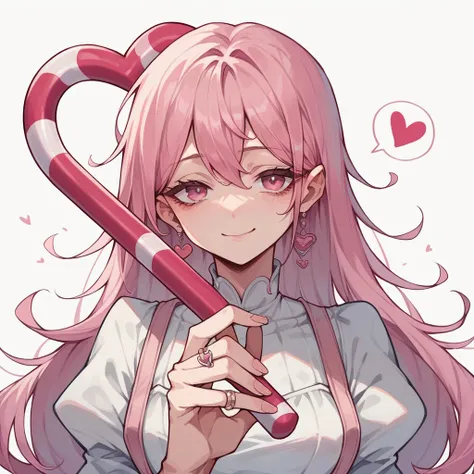 1girl, woman, light skin, long pink hair, pink eyes, pink and white dress, heart-shaped cane, tired smile, engagement ring, anime style, digital art, white background