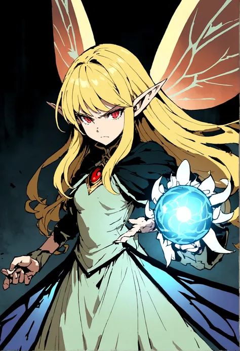 Fairy girl with wings and a magical black orb in hand, Classic Long Dress, Fairy Wings, Red eyes and Blonde Hair, Golden Hair, Serious face, Magic, arcane powers, RPG Character, pointy ears, look serious, casting a spell, casting arcane spell, blue spell, ...