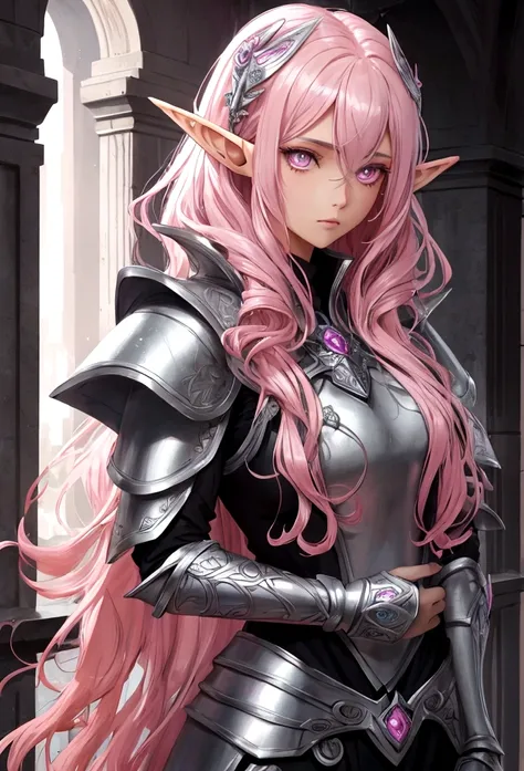 half-elf with cold eyes and long pink curly hair wearing a silver paladin clothes