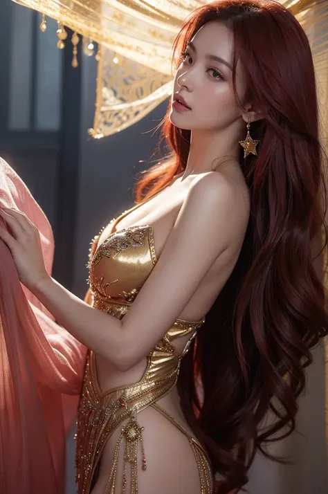 Create an image of an enchanting woman with long, flowing red hair adorned with golden stars. She should be wearing an elegant, dark blue gown with intricate gold embroidery and large red gemstones. Her expression is intense and captivating. The background...