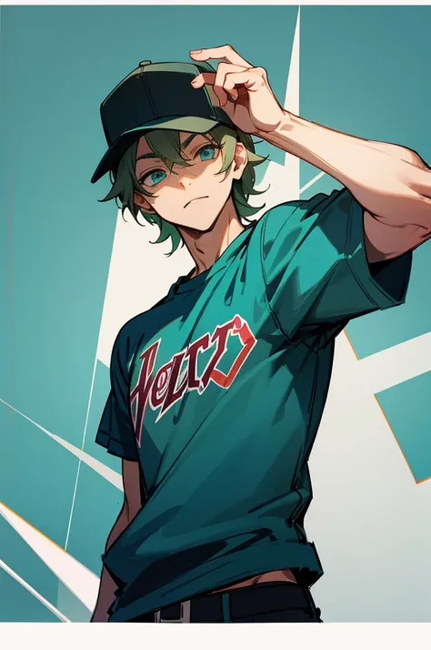 Guy wearing a t-shirt, blue green eyes, backwards baseball cap 