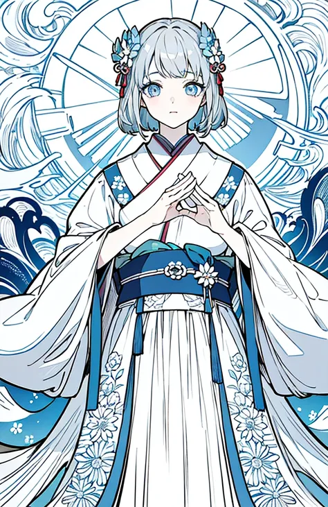 ((Highest quality)), ((masterpiece)), (Get used to it), Perfect Face , beautiful girl ,Gray Hair、White light blue eyes、1 white/light blue flower hair ornament、Japanese clothing