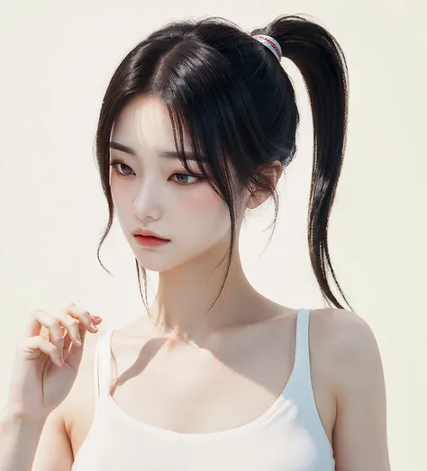 there is a woman Ponytail and a white top, Double ponytail hairstyle, sulkings hairstyle, with black sulkings, two sulkings hairstyle, short sulkings hair, sulkings hair, Ponytail 黑色头发, black Ponytail, Ponytail, long sulking, sulking, 黑色Ponytail, hair in s...