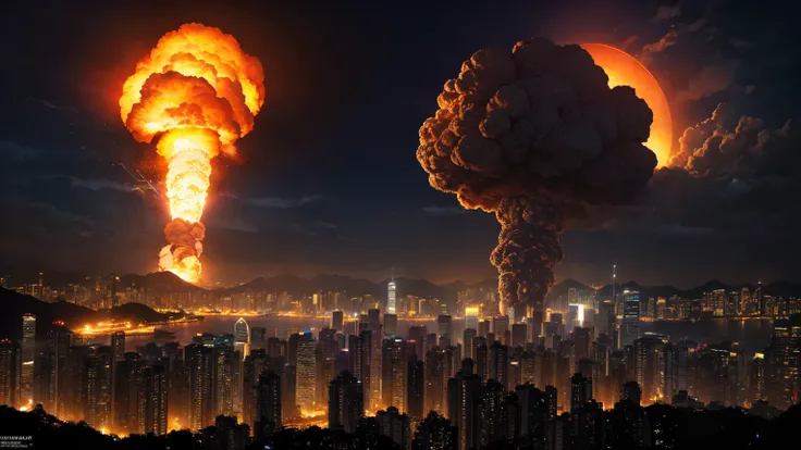 lookiing at a bright gigantic nuclear explosion with mushroom cloud over Kowloon from a hill top at Hong Kong island, explanding shockwave, apocalyptic, city in ruined, dark night time, masterpiece, realistic, detailed