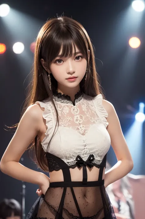 one girl, (a beauty girl, delicate girl:1.3), (13 years old:1.3),
break, (idol group uniform, ruffle, lace:1.3),
break, (on the stage, spotlights, concert:1.3),
break, very fine eyes, (symmetrical eyes:1.3),
break, small breasts, brown eyes, parted bangs, ...