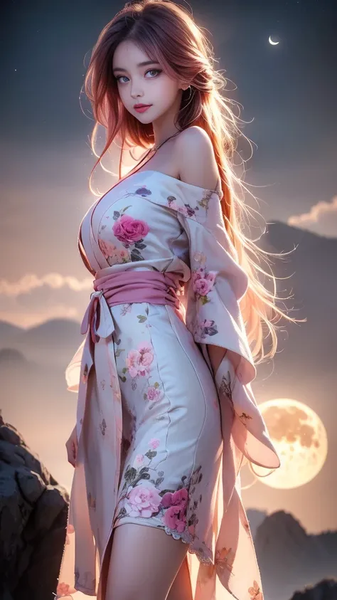 Senji,1 woman,long hair,pink hair,purple eyes,very long hair,hair_decoration,Pink kimono, ((bare shoulders)), ((whole body)), In fact, fashion girl, red lips, mature woman, cosmetics, big eyes, beautiful eyes, ((whole body)), ((from below)), (best quality,...